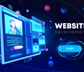 Website development banner, computer technology, monitor with open browser page and woman profile on screen, futuristic background in neon glowing colors. Cartoon vector illustration, landing page Website Design Service London UK By Blue Oak Digital